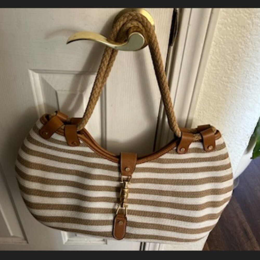 ERIC JAVITS squishee Striped Cream Beige Large Shoulder Bag